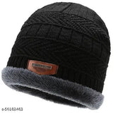 Black acrylic unisex beanie, wind & snow proof with fur lining - UPAREL winter cap