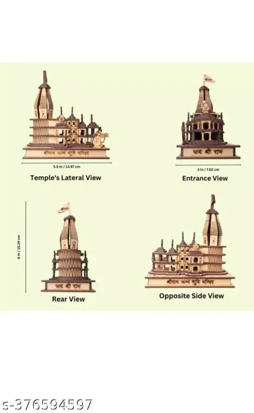 3D wooden Ram Mandir Ayoudhya figurine, Indian Shri Ram Janambhoomi Temple decor for office or car dashboard, 10x11x5 inch size