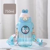Transparent blue plastic kids sipper bottle with rabbit design, silicone character sleeve & self-adhesive stickers (750 ML), printed box packaging