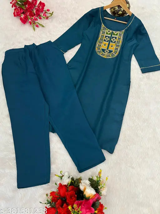 Fancy embroidery and sequin work cotton slub heavy Kurta Pant Set with 3/4 sleeves, perfect for traditional, casual, party, or evening wear