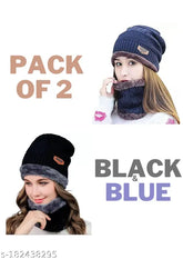 Winter woolen blue & black knitted scarf cap pack of 2, featuring fur and neck warmer for women. Soft, thick, and warm winter accessory from India