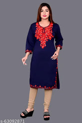 Embroidered woolen kurti for ladies, cotton three-quarter sleeves, floral & tropical design, India-made winter wear
