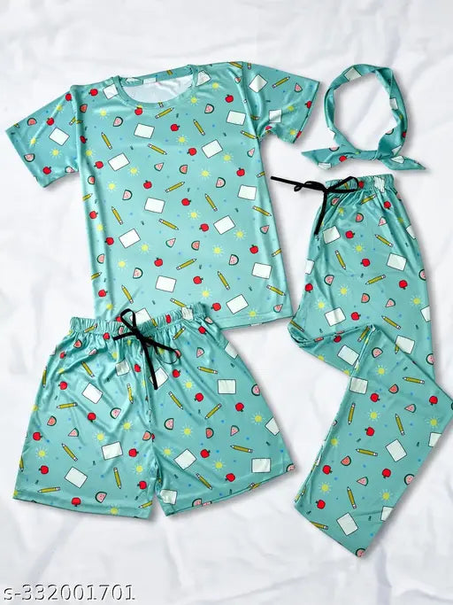 Quirky print silk night suit set (T-shirt, pajamas, shorts) with drawstring elastic waistband, soft inside, shiny outside. Indian luxury sleepwear set of 3 pieces