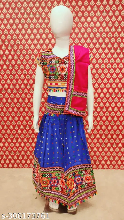 Embroidered cotton Bandhni border lehenga for kids, intricate stitching and embellishments on traditional Indian attire