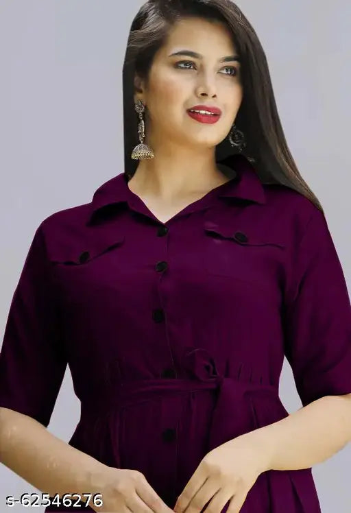Women's heavy rayon wine color kurti, solid design with three-quarter sleeves and printed pattern, A-line style from India