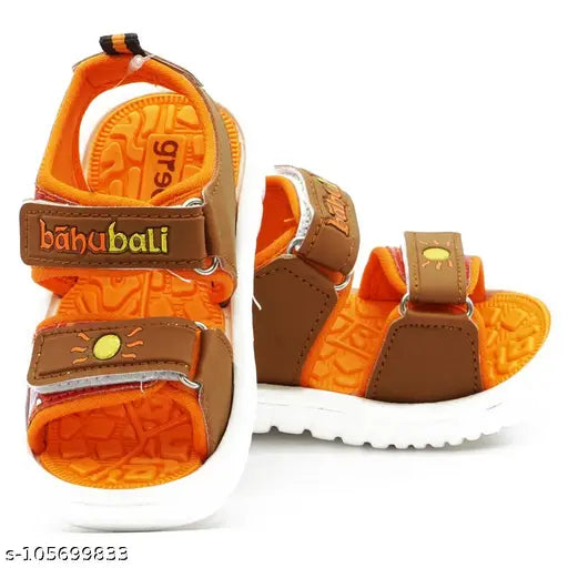 Tan, orange and green patent leather Chotta Bheem kids sandals for summer wear, ideal for boys aged 2-3 years