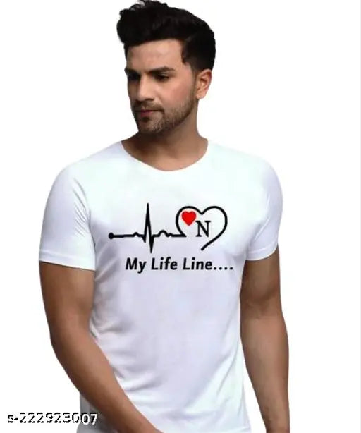 Men's graphic printed polyester t-shirt, typography round neck, My Life Line Alphabet N. White self-design pattern on soft fabric, ideal for all seasons and wearable anywhere