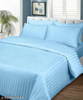Light Blue Pure Cotton Double King Striped Flat Sheets with 2 Pillow Covers - Durable, High Thread Count, Premium Finish
