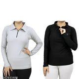 Blue polyester long sleeve printed T-shirt with zip, 2 pack - stylish women's compression wear for sports and fitness, UV protection
