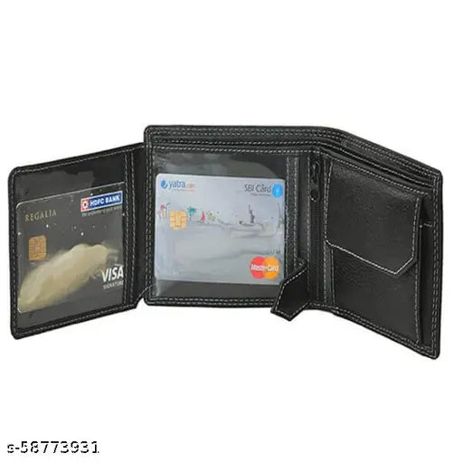 Black leather men's wallet, solid pattern, 2 compartments, free size (L12cm x W8cm), Indian-made accessory
