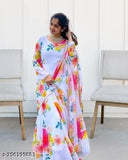 White Georgette printed net gown with dupatta, South special designer women's fancy flower print dress from WESTREN WEAR, size XS (34in bust, 50in length)