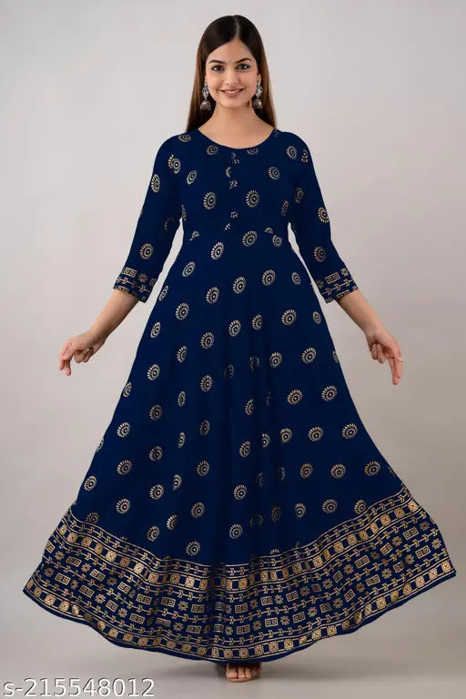 Navy Blue Rayon Printed Anarkali Kurti for Office Party Wear, ethnic gold print, 3/4 sleeves, round neck, Indian origin