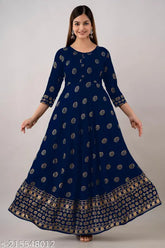 Navy Blue Rayon Printed Anarkali Kurti for Office Party Wear, ethnic gold print, 3/4 sleeves, round neck, Indian origin