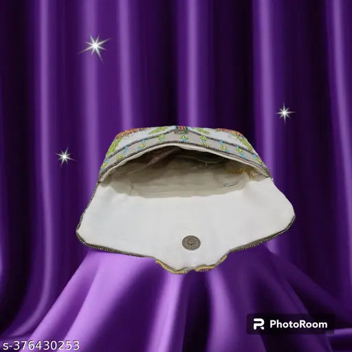 Handmade designer fabric clutch, embroidered net pattern, women's beaded party purse - India origin