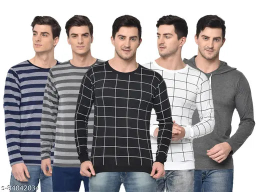 Multicolor cotton long sleeve men's t-shirts pack 5 (M, L, XL), Indian-origin solid pattern shirts ideal for casual wear