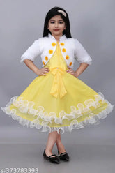 Yellow net festive wedding dress for girls, three-quarter sleeve solid pattern by Jhilik Garments, perfect for special events and parties