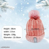 Pink wool knit beanie hat with pom pom and fleece lining, warm and comfortable for outdoor sports and winter wear