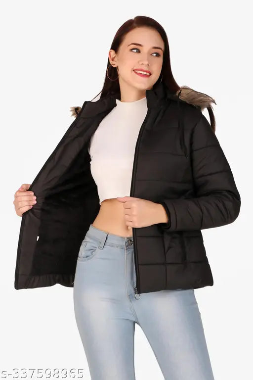 Women's solid winter wear polyester jacket, hooded with ribbed cuffs & side pockets - Comfot Fit, India