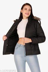 Women's solid winter wear polyester jacket, hooded with ribbed cuffs & side pockets - Comfot Fit, India