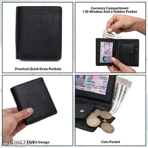 Black PU leather men's wallet, two-fold design, ample compartments for cards, coins, and cash. Ideal for daily use and a perfect gift option
