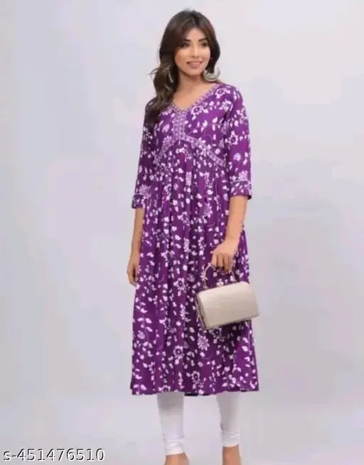 Rayon Naira Cut Stylish Kurti with three-quarter sleeves and printed combo, Indian fashion for women's sizes M to XXL