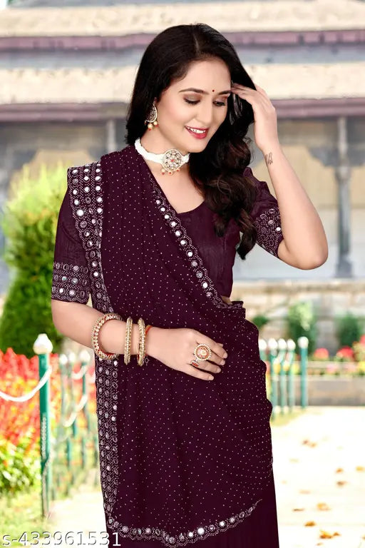Embellished Georgette Queen Wine saree with Bangalore silk blouse, free size for wedding parties & festivals