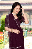 Embellished Georgette Queen Wine saree with Bangalore silk blouse, free size for wedding parties & festivals