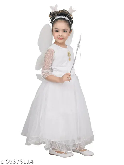 Red net Pari gown dress by RK Collection, perfect for kids parties or festive occasions. High-quality net fabric ensures comfort and durability. Accessorized with white Christmas angel dress, butterfly wings, and hairband. Ideal gifting option from India