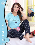 Skyblue hosiery printed half sleeve T-shirt & pants pyjama set for women, soft cotton sleepwear with feminine piping detail, Indian origin