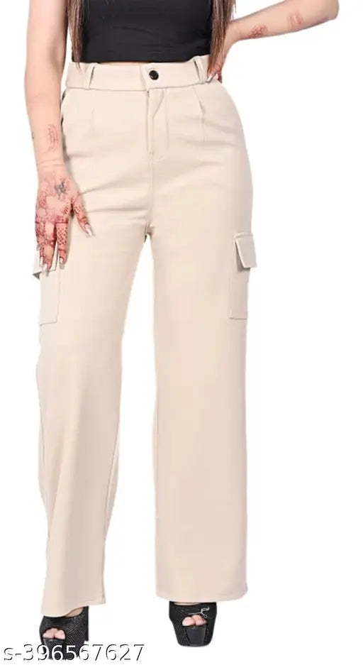 Stylish women's cotton blend jogger cargo pant in cream color, self-design pattern, wide leg design with four insert pockets for casual wear