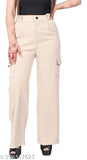 Stylish women's cotton blend jogger cargo pant in cream color, self-design pattern, wide leg design with four insert pockets for casual wear