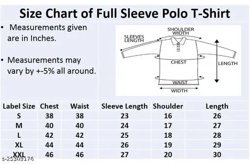 Black, solid cotton polo neck t-shirt for men, long sleeves, size chart included
