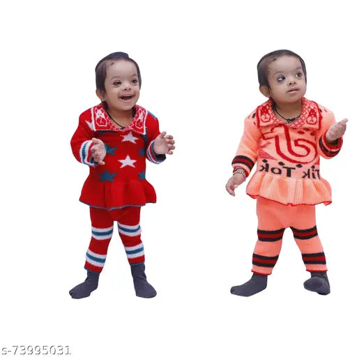 Peach and red woolen baby sweater & pajama set, long sleeves, printed pattern, keeps warm for 1-2 years old baby girls (India)