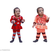 Peach and red woolen baby sweater & pajama set, long sleeves, printed pattern, keeps warm for 1-2 years old baby girls (India)