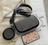 PU silver stone diamond sling bag for girls, free size with 1 compartment, 9in x 3in x 5in, Indian design