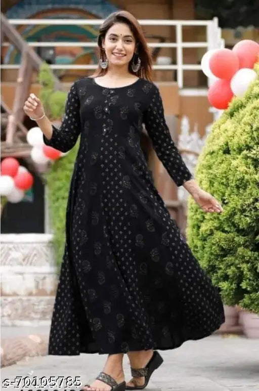 Black rayon anarkali kurti with three-quarter sleeves and printed combo, ideal for Indian women's fashion