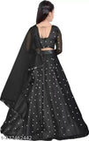 Kids acrylic lehenga choli set in polka dot pattern, net dupatta, three-quarter sleeves, ethnic wear for girls on display