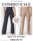 Cotton blend high-waist bell bottom pants combo for women, classic fit and high rise style in solid colors