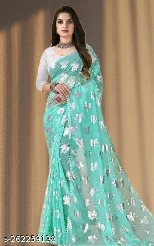 Blue Georgette Bollywood Sky Leaf Saree with Silver Blouse, embellished net pattern, India-made