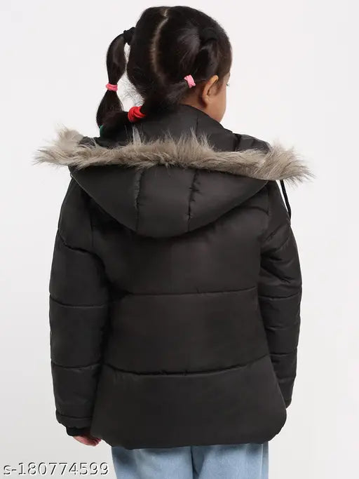 Black fur parka jacket for girls winter wear, solid design, polyester fabric, full sleeve, multiple sizes available from 4-12 years old