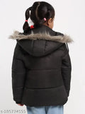 Black fur parka jacket for girls winter wear, solid design, polyester fabric, full sleeve, multiple sizes available from 4-12 years old