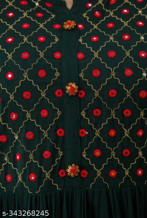 Green viscose rayon three-quarter sleeve embroidered kurti from India, M (38in bust, 46in length), L (40in bust, 46in length), XL (42in bust, 47in length), XXL (44in bust, 47in length)