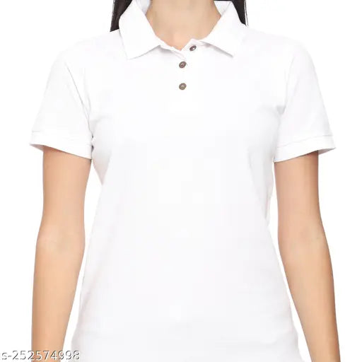 White pique cotton polo neck half sleeve office casual shirt for women, solid color with short sleeves on hanger