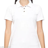White pique cotton polo neck half sleeve office casual shirt for women, solid color with short sleeves on hanger