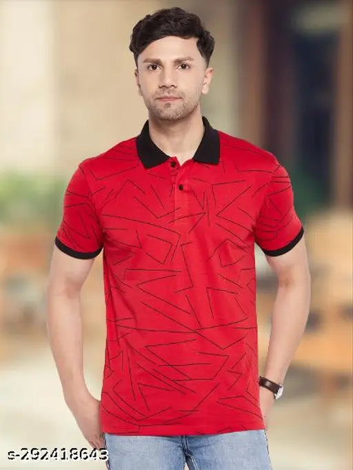 Red Cotton Blend Wild West Half Sleeve Polo Neck Printed T-Shirt for Men