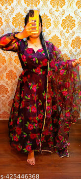 Organza silk anarkali gown with printed work dupatta, full Amrela flayer in Art Silk, various sizes available (M-XXL), Indian origin