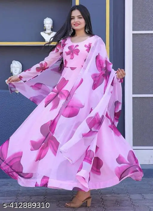 Purple Georgette flower-printed Anarkali Kurta & dupatta, full sleeves, Indian casual gown