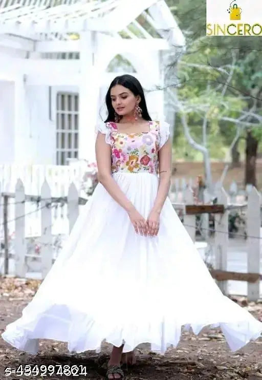 White georgette embroidered anarkali gown, blissweave floral sequin embroidery, long fit & flare style