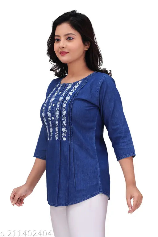 Stylish embroidered denim top for women (M: 38in bust, 26in length; L: 40in bust, 26in length), Indian-origin quality cotton material