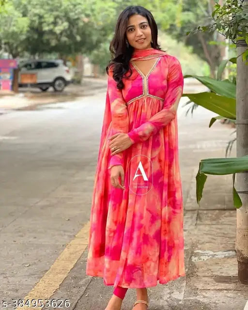 Festive Georgette Alia cut Women's Kurti with Lace Print and Dupatta, S-XXXL sizes available